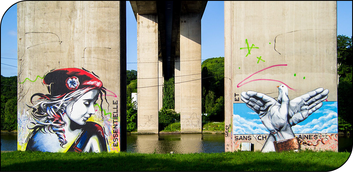fresque de street realiseée pour la ville de Morlaix sur le pnt de la Rn 12 cette oeuvre représente la démocratie avec la Marianne