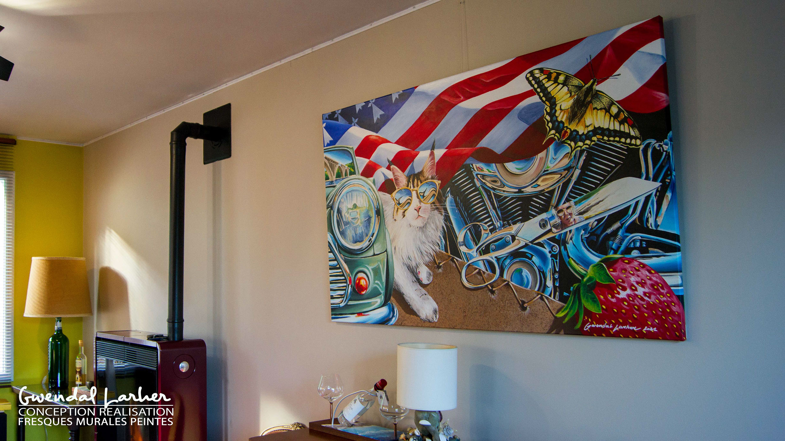 cette image représente  une fresque murale peinte en trompe-l'oeil dans une cuisine à chateau neuf du faou.