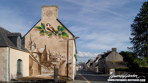 vue d'ensemble de la peinture de street art-intégration imersive dans la rue-fresque décorative pour la mairie de Trémel