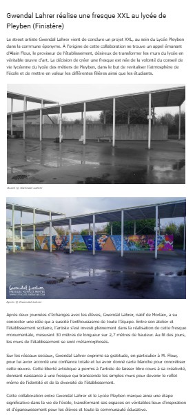 Fresque xxl de street et graffitis lycée de Pleyben, une oeuvre monumentale et colorée pour l'emblessiment de la cour du lycée publique. Article