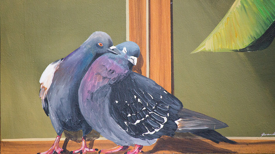 Peinture murale-détail fresque du présidial à Guerlesquin, baiser de pigeons 