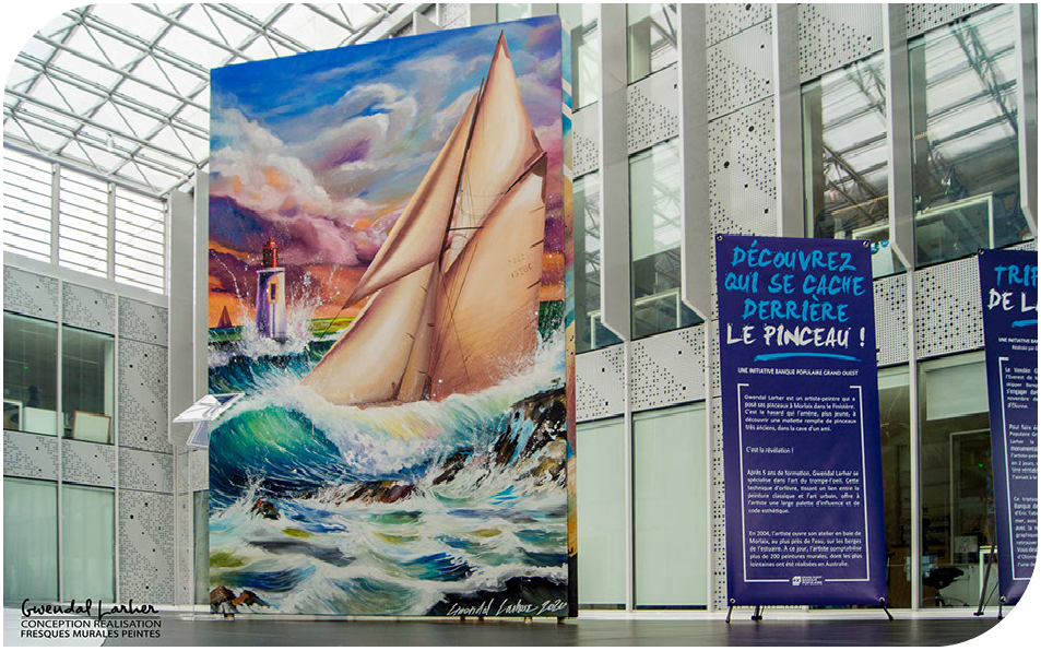 Peinture marine voilier et vagues décoration murale tableau pour siège social groupe banque populaire entreprise rennes