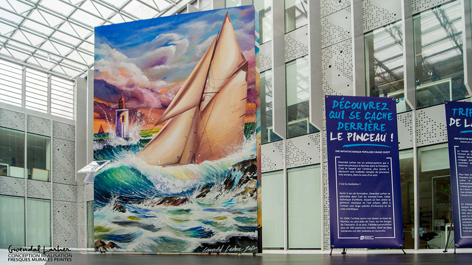 Peinture marine voilier et vagues décoration murale tableau pour siège social groupe banque populaire entreprise rennes