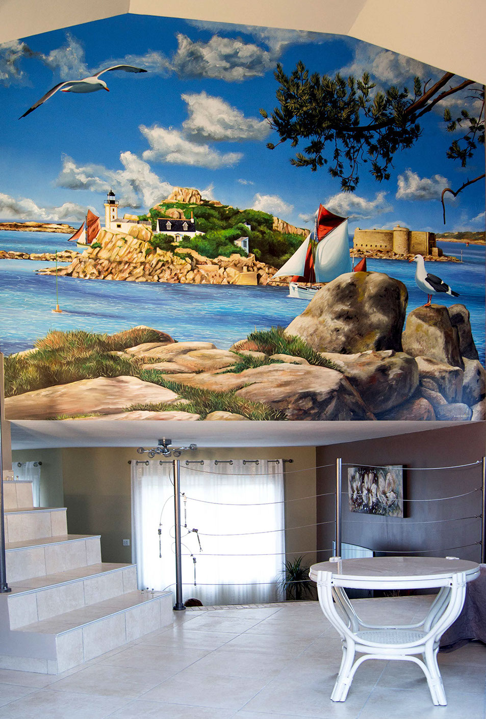 Fresque murale maritime-plage-océan-vieux gréement-île louët baie de Morlaix à Carantec en Bretagne