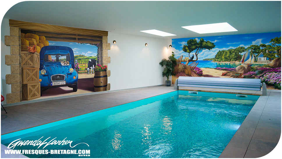 Gîte la maison du bonheur bourbriac, réalsitaion de deux peintures murales en trompe-l'oeil pour l'embellissement de l'espace aquatique