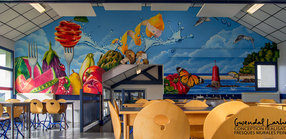 fresque murale fruits et légumes, explosion de couleurs et de saveur pour la décoration de la cantine du Penker à Plestin les grèves