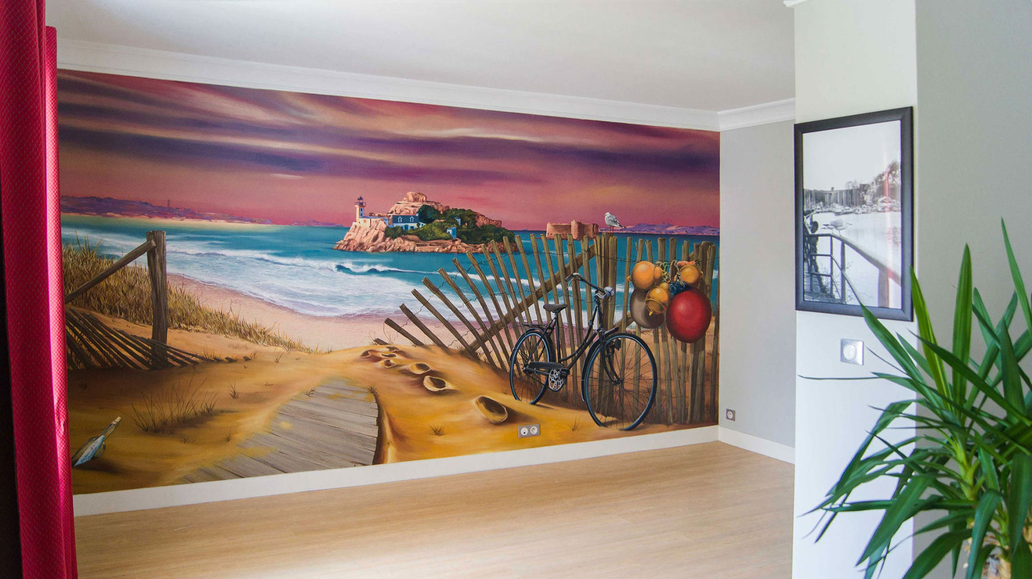 trompe-l'œil place du présidial à Guerslesquin scène de vievintage avec commerçe en trompe-l'oeil