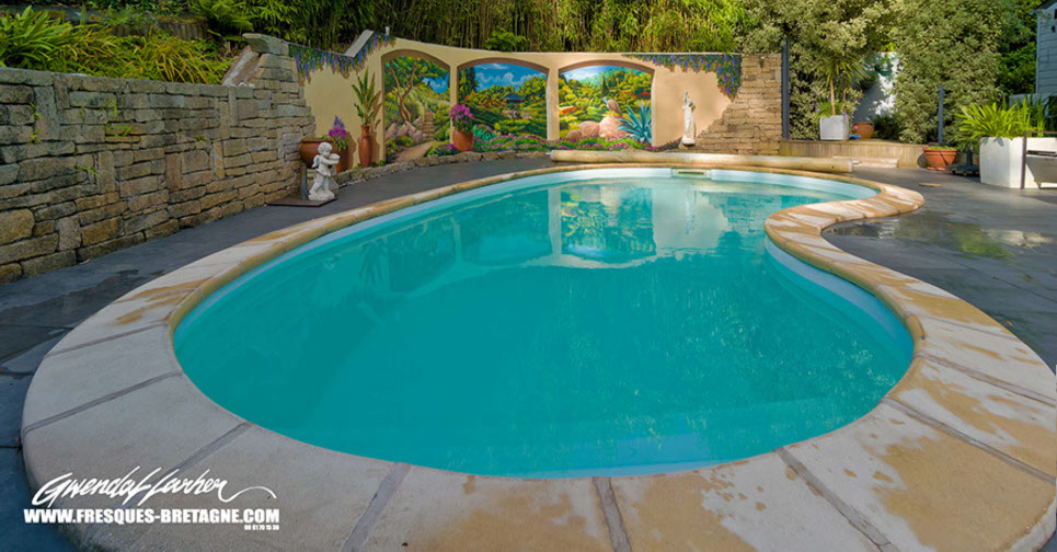 décoration artistique murale piscine extérieure jardin paysager Bretagne côte de granite rose