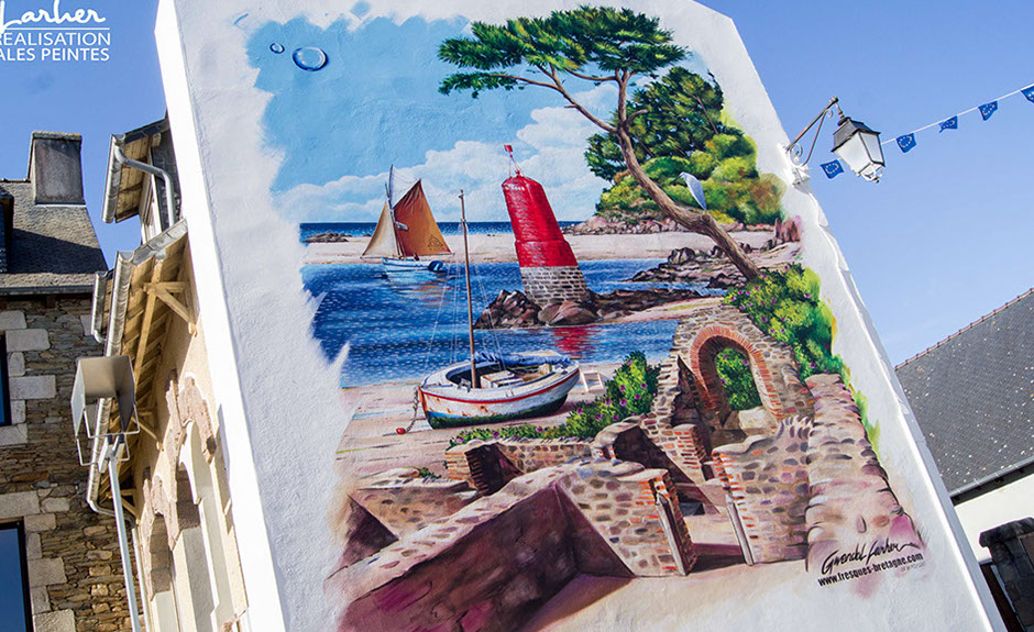 fresque murale- plestin les grèves-décoration de la commune- mise valeur patrimoine -toul an hery-gwendal larher peintre muraliste
