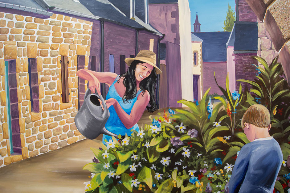 fresque de street art à Guerlesquin-détail de la peinture et des personnages. Un peinture de Gwendal larher- street artiste-bretagne