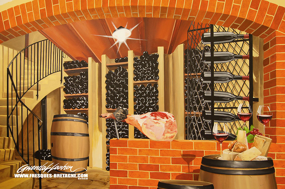 Détail fresque murale-cave à vin-fromage et saucissons-la grande bouffe