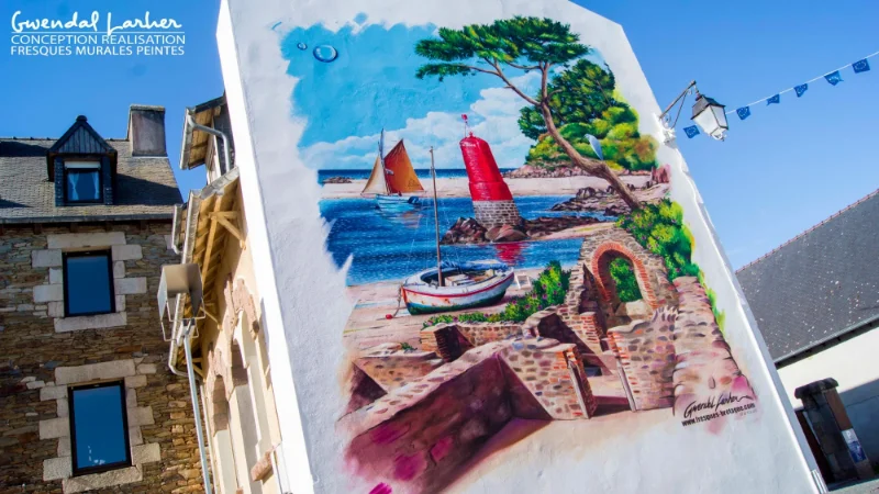Fresque trompe-l'œil de mur effondré et de pin maritime, mur mitoyen à Plestin-les-Grèves
